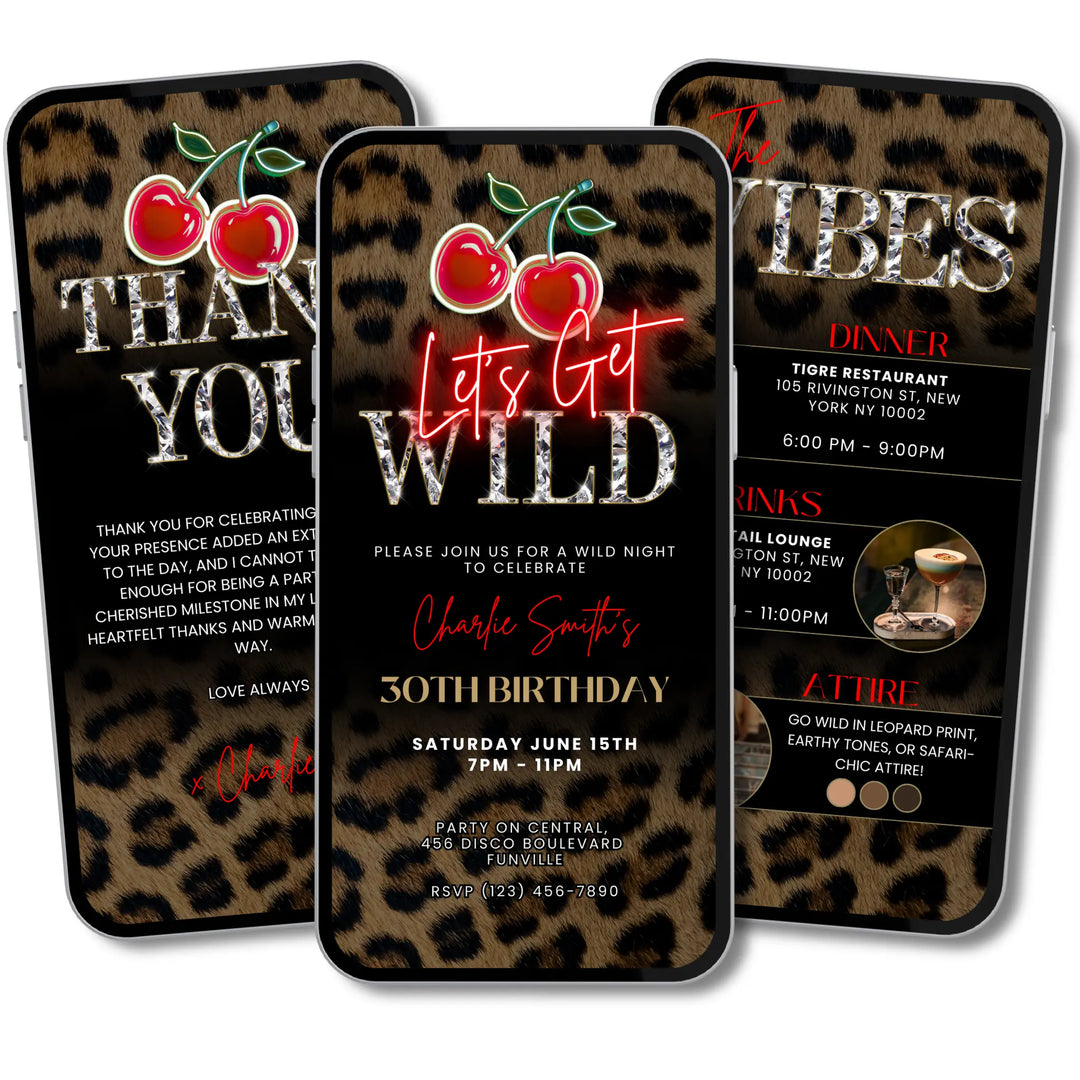 Wild Cherry & Leopard Print Birthday Invitations | Luxe Digital Templates