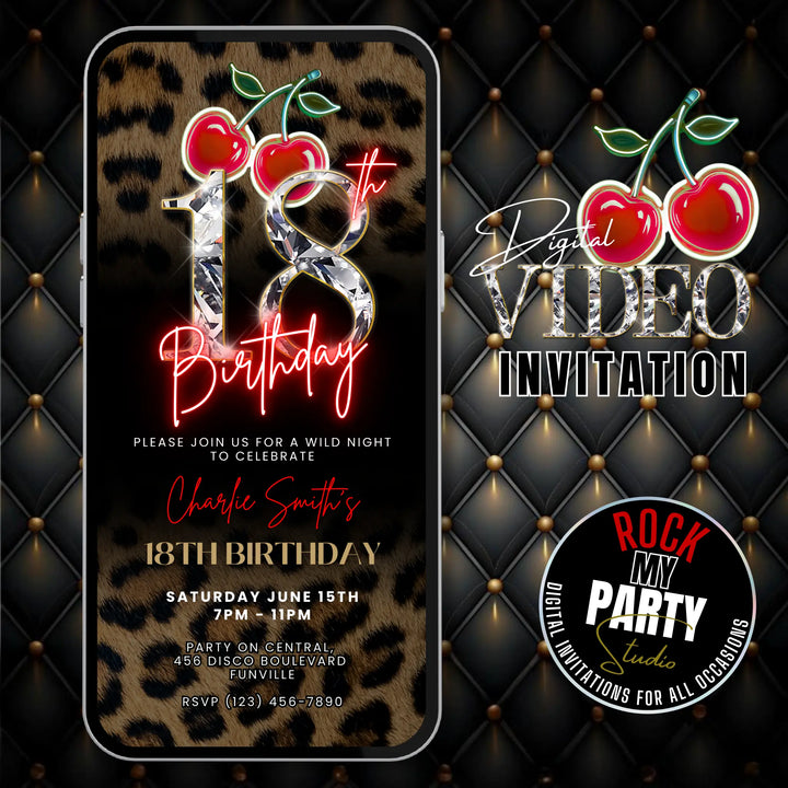 Wild Cherry Leopard Print 18th Birthday Invitation Video – Self Editable Digital Template