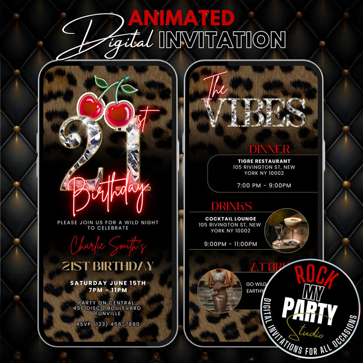Wild Cherry Leopard Print 21st Birthday Invitation with Vibes – Self Editable Digital Template