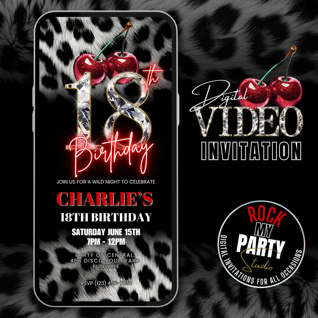 Cherry, Cheetah & Leopard Print 18th Birthday Invitation | Red Glam Digital Birthday Invite | Editable Canva Template