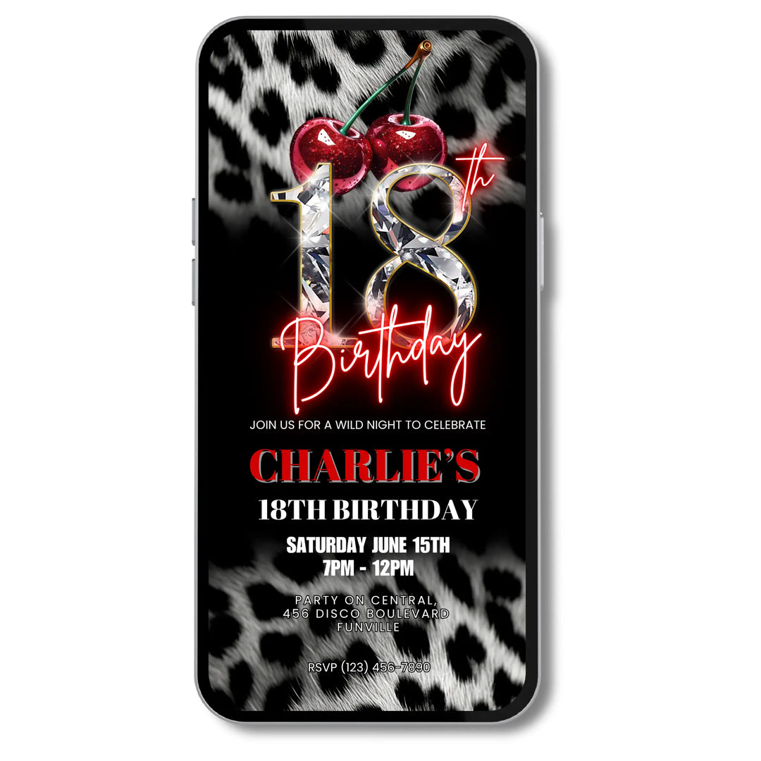Cherry & leopard print 18th Birthday Invitation Self Editable Digital Canva Template available for instant download