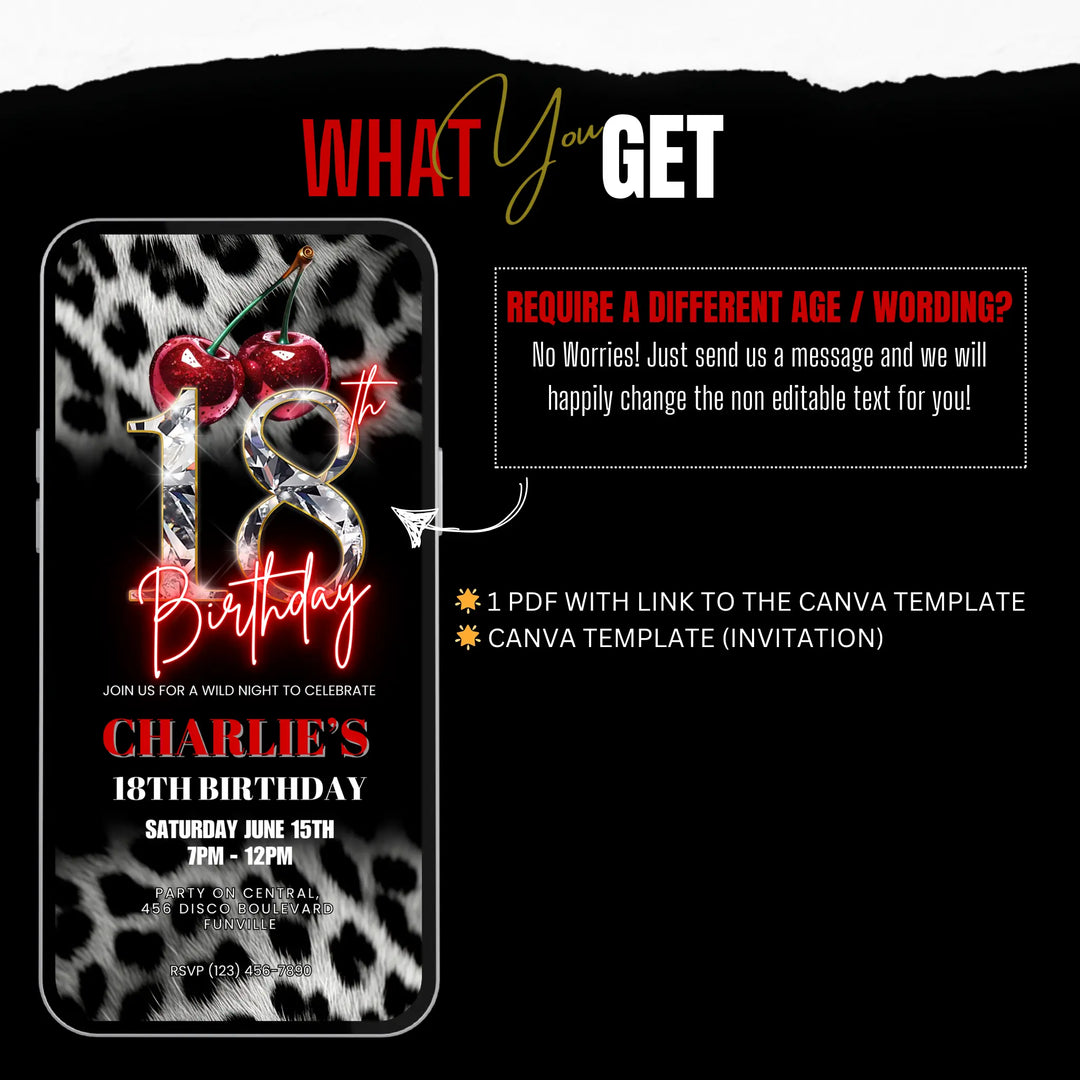 Cherry, Cheetah & Leopard Print 18th Birthday Invitation | Red Glam Digital Birthday Invite | Editable Canva Template