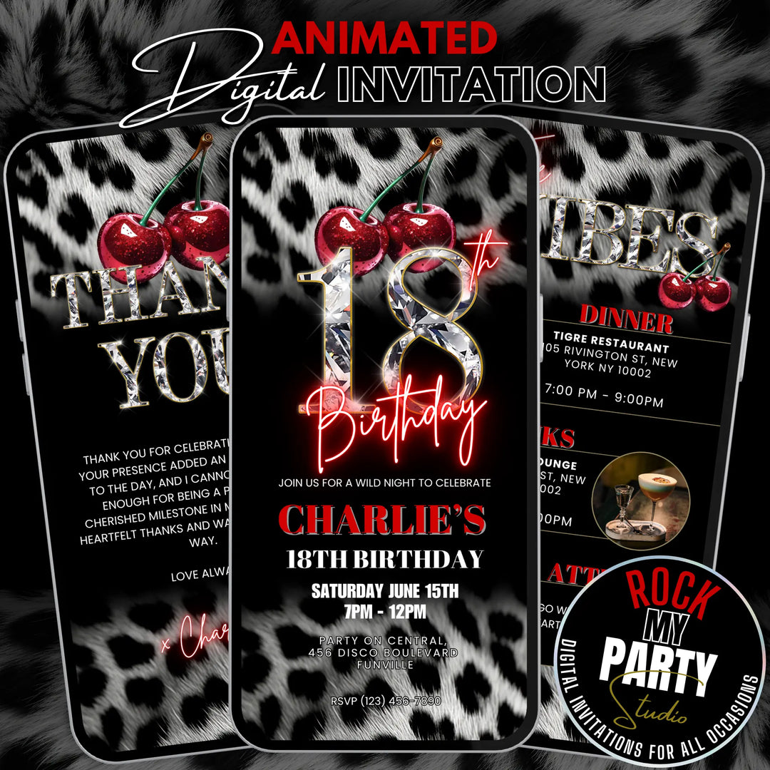 Cherry, Cheetah & Leopard Print 18th Birthday Invitation Set | Red Glam Digital Invite with Vibes & Thank You Card | Editable Canva Template