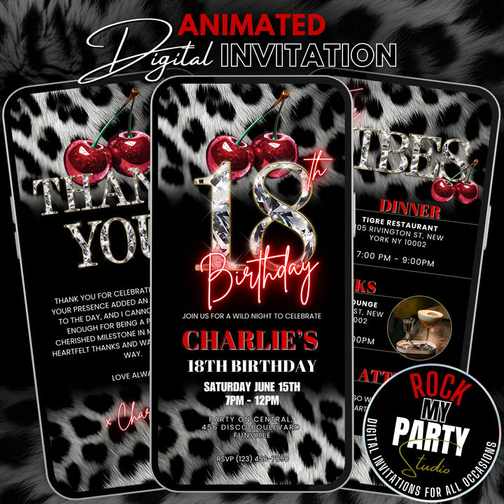 Cherry, Cheetah & Leopard Print 18th Birthday Invitation Set | Red Glam Digital Invite with Vibes & Thank You Card | Editable Canva Template