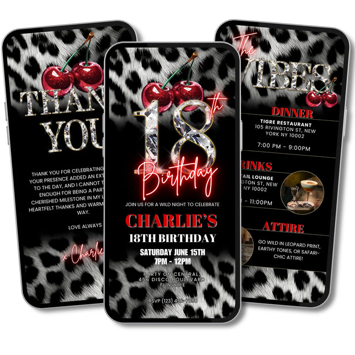 Cherry, Cheetah & Leopard Print 18th Birthday Invitation Set | Red Glam Digital Invite with Vibes & Thank You Card | Editable Canva Template