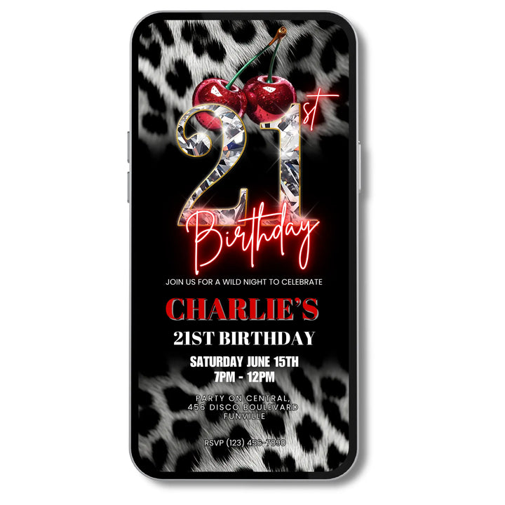 Cherry, Cheetah & Leopard Print 21st Birthday Invitation | Red Glam Digital Birthday Invite | Editable Canva Template
