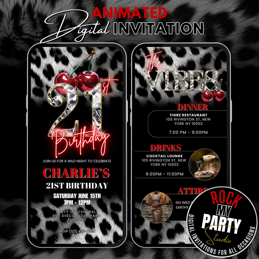 Cherry, Cheetah & Leopard Print 21st Birthday Invitation with Vibes Itinerary | Editable Canva Template