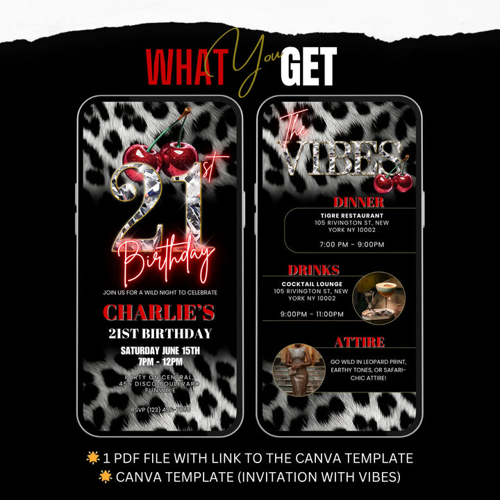Cherry, Cheetah & Leopard Print 21st Birthday Invitation with Vibes Itinerary | Editable Canva Template