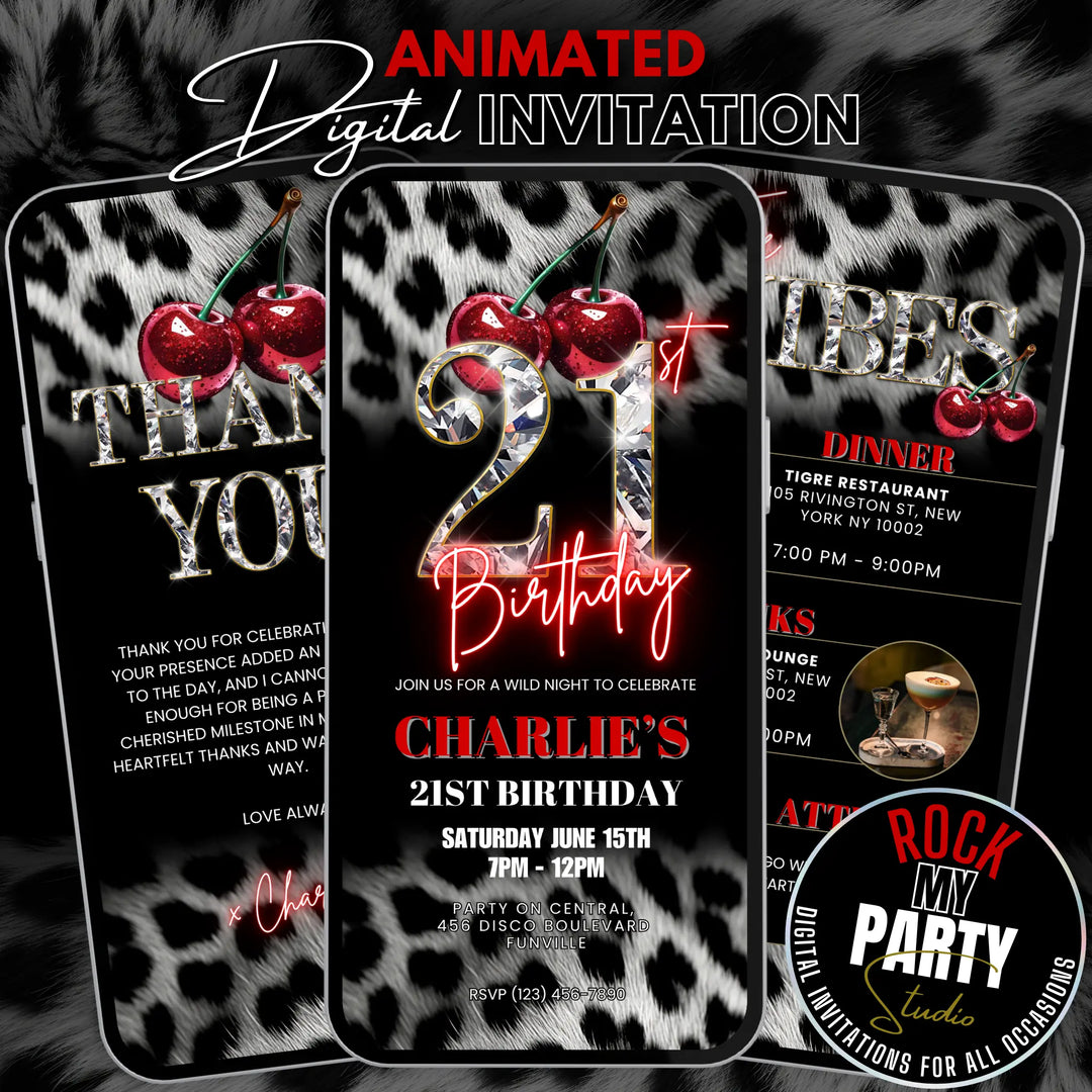 Cherry, Cheetah & Leopard Print 21st Birthday Invitation Set | Editable Digital Invite with Vibes and Thank You Card Canva Template