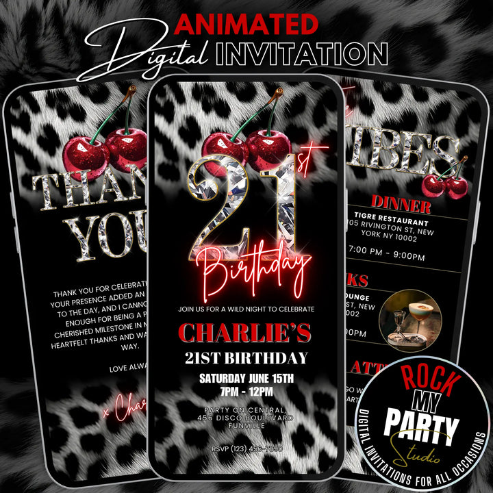 Cherry, Cheetah & Leopard Print 21st Birthday Invitation Set | Editable Digital Invite with Vibes and Thank You Card Canva Template