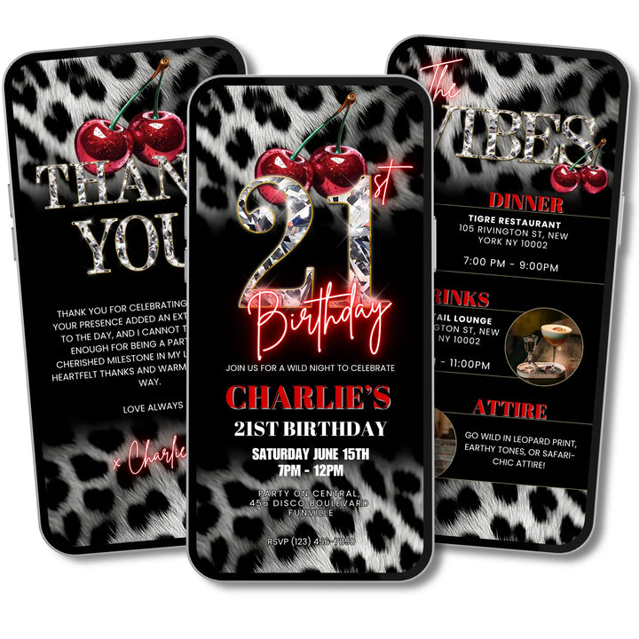 Cherry, Cheetah & Leopard Print 21st Birthday Invitation Set | Editable Digital Invite with Vibes and Thank You Card Canva Template