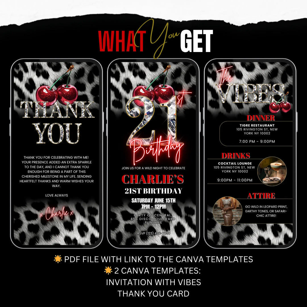 Cherry, Cheetah & Leopard Print 21st Birthday Invitation Set | Editable Digital Invite with Vibes and Thank You Card Canva Template