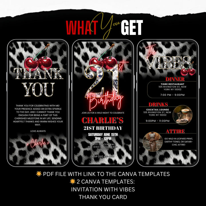 Cherry, Cheetah & Leopard Print 21st Birthday Invitation Set | Editable Digital Invite with Vibes and Thank You Card Canva Template