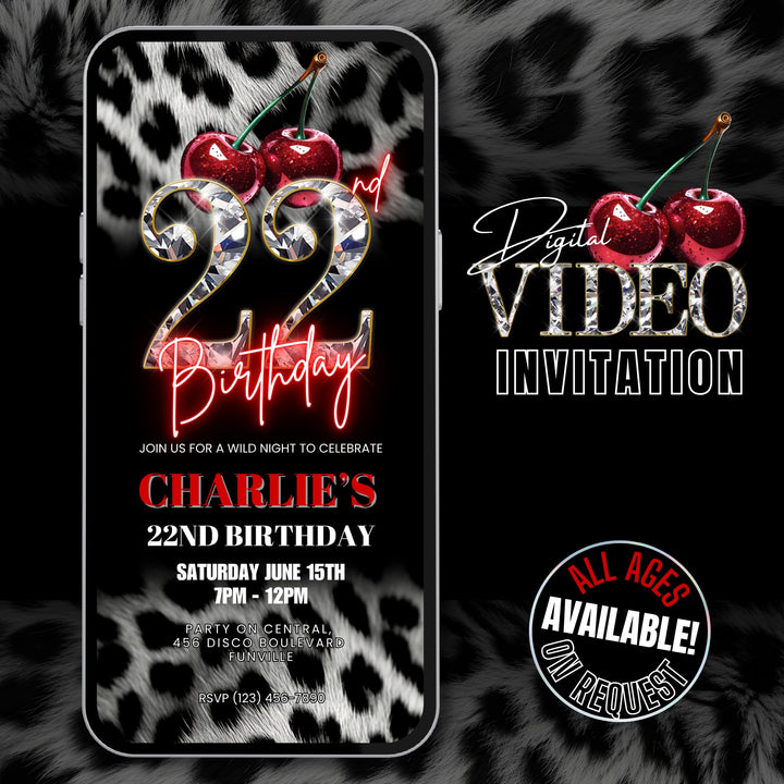 Cherry, Cheetah & Leopard Print 22nd Birthday Invitation | Red Glam Digital Birthday Invite | Editable Canva Template