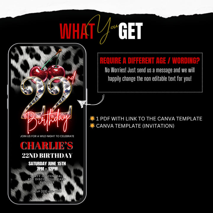 Cherry, Cheetah & Leopard Print 22nd Birthday Invitation | Red Glam Digital Birthday Invite | Editable Canva Template