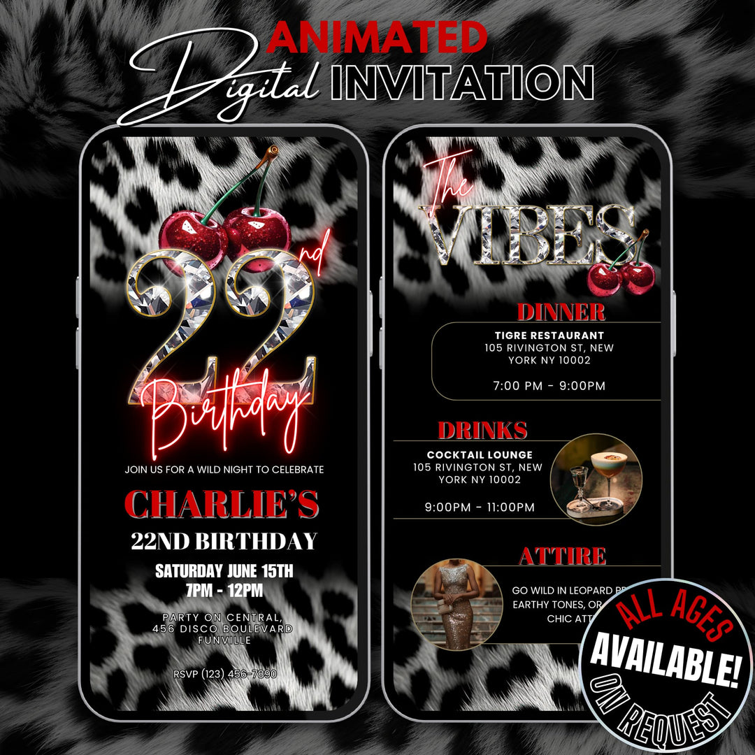 Cherry, Cheetah & Leopard Print 22nd Birthday Invitation with Vibes Itinerary | Editable Canva Template