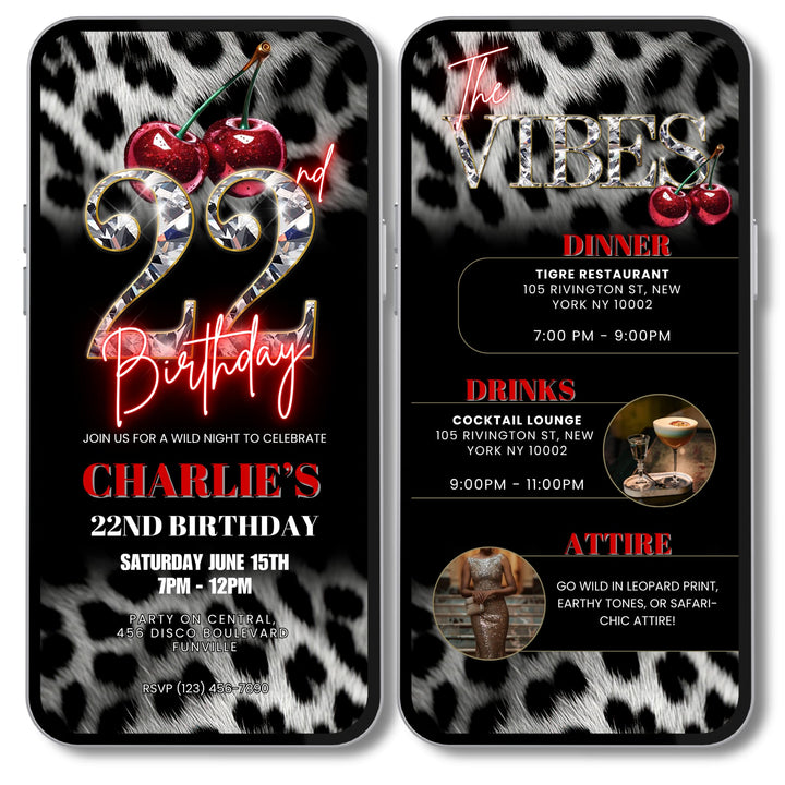 Cherry, Cheetah & Leopard Print 22nd Birthday Invitation with Vibes Itinerary | Editable Canva Template