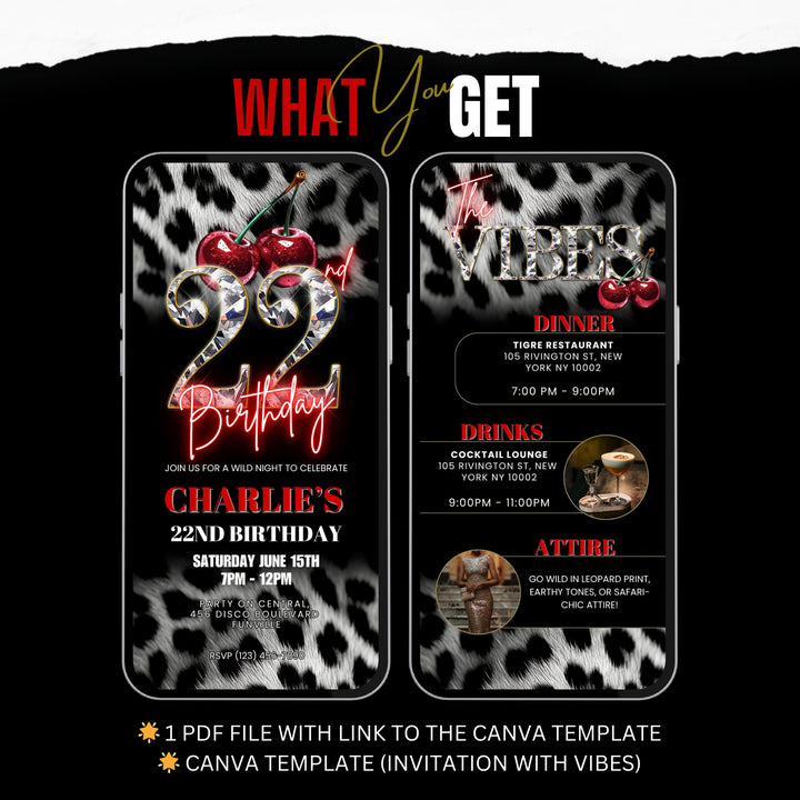 Cherry, Cheetah & Leopard Print 22nd Birthday Invitation with Vibes Itinerary | Editable Canva Template