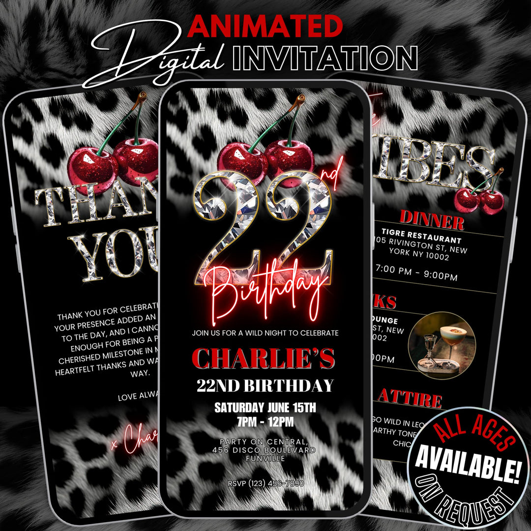 Cherry, Cheetah & Leopard Print 22nd Birthday Invitation Set | Digital 22nd Invite with Vibes and Thank You Card Canva Template