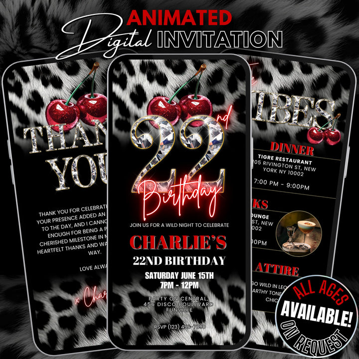 Cherry, Cheetah & Leopard Print 22nd Birthday Invitation Set | Digital 22nd Invite with Vibes and Thank You Card Canva Template