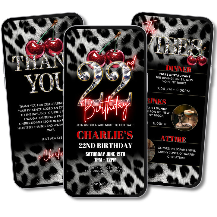 Cherry, Cheetah & Leopard Print 22nd Birthday Invitation Set | Digital 22nd Invite with Vibes and Thank You Card Canva Template