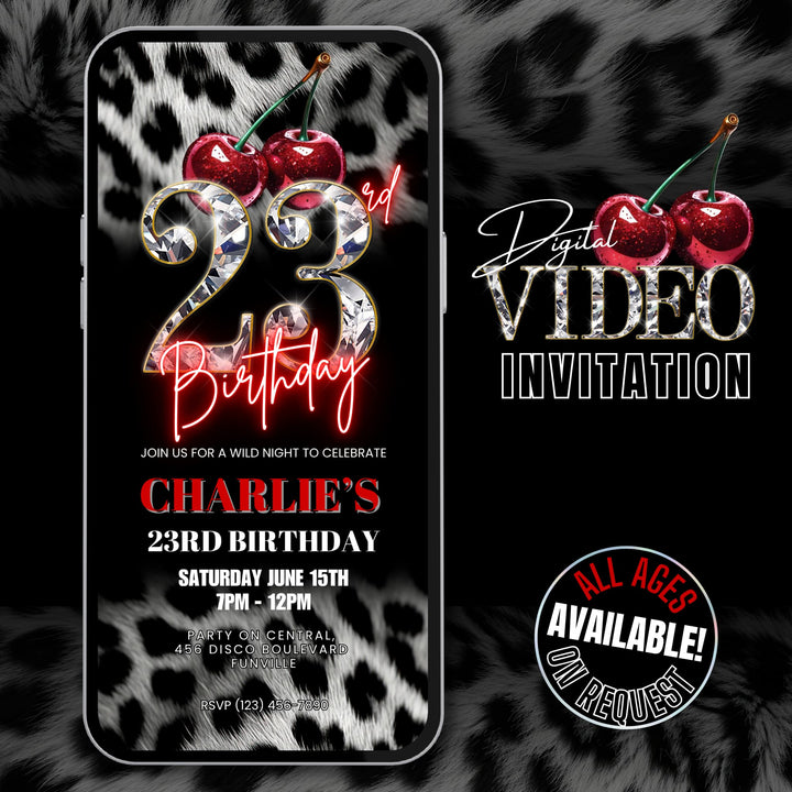Cherry, Cheetah & Leopard Print 23rd Birthday Invitation | Digital 23rd Birthday Invite | Editable Canva Template