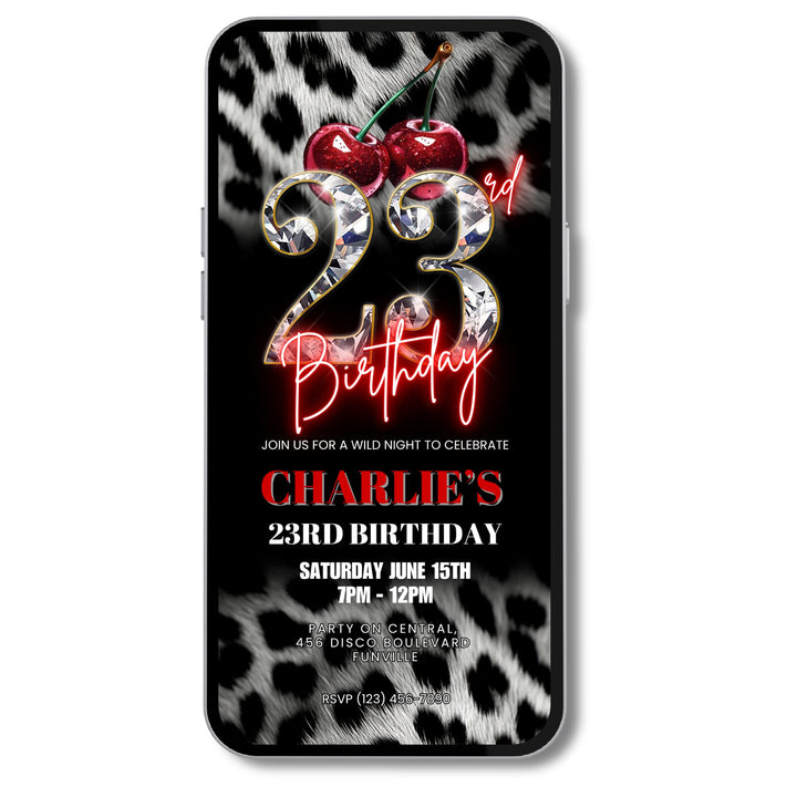 Cherry, Cheetah & Leopard Print 23rd Birthday Invitation | Digital 23rd Birthday Invite | Editable Canva Template