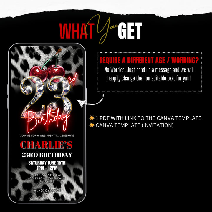 Cherry, Cheetah & Leopard Print 23rd Birthday Invitation | Digital 23rd Birthday Invite | Editable Canva Template