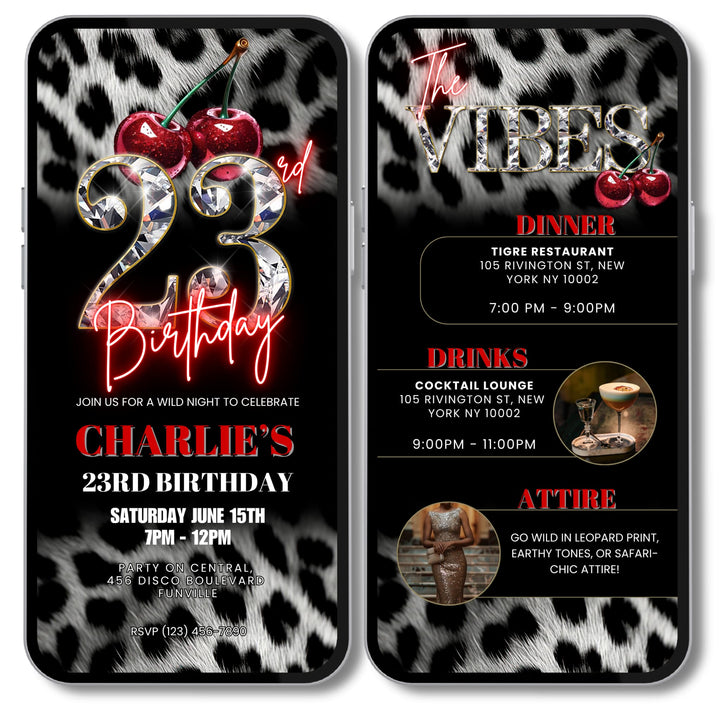 Cherry, Cheetah & Leopard Print 23rd Birthday Invitation with Vibes Itinerary | Editable Canva Template