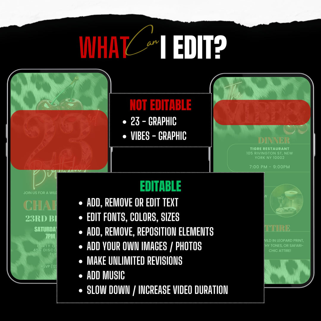 Cherry, Cheetah & Leopard Print 23rd Birthday Invitation with Vibes Itinerary | Editable Canva Template