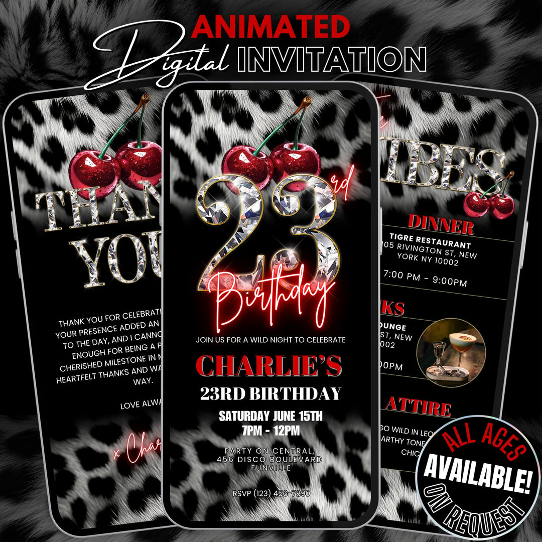 Cherry, Cheetah & Leopard Print 23rd Birthday Invitation Bundle | Digital 23rd Invite with Vibes and Thank You Card Canva Template