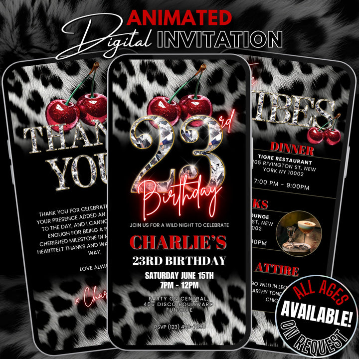 Cherry, Cheetah & Leopard Print 23rd Birthday Invitation Bundle | Digital 23rd Invite with Vibes and Thank You Card Canva Template