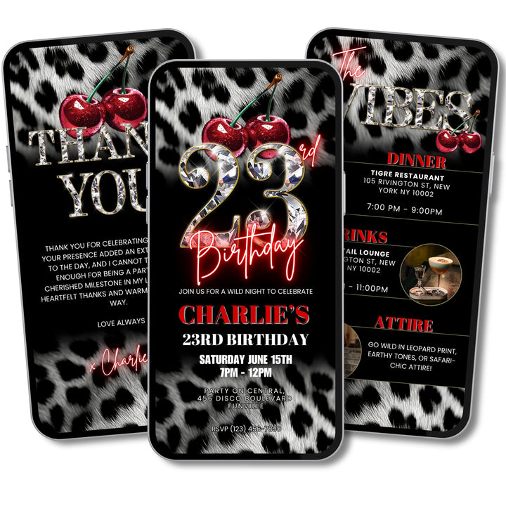 Cherry, Cheetah & Leopard Print 23rd Birthday Invitation Bundle | Digital 23rd Invite with Vibes and Thank You Card Canva Template