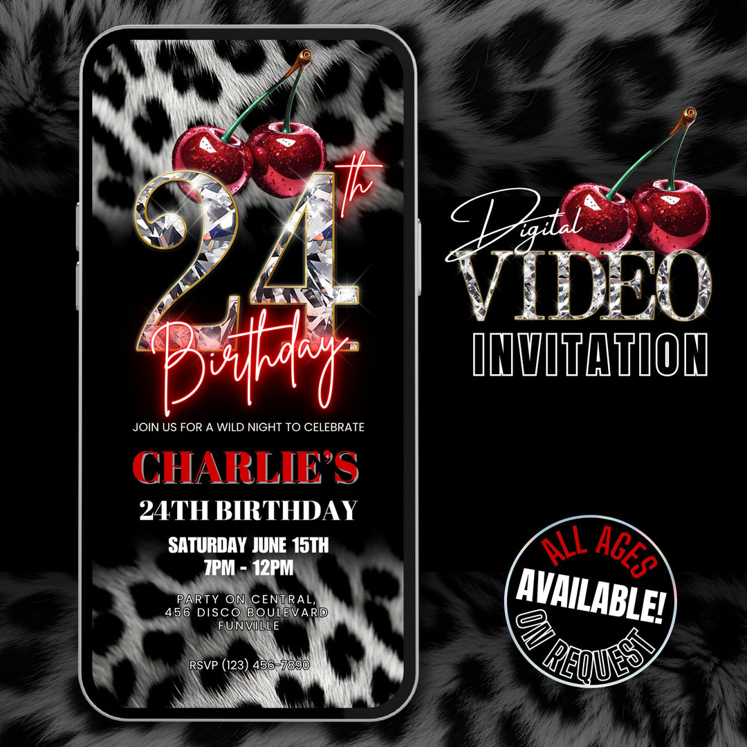 Cherry, Cheetah & Leopard Print 24th Birthday Invitation | Editable Canva Template