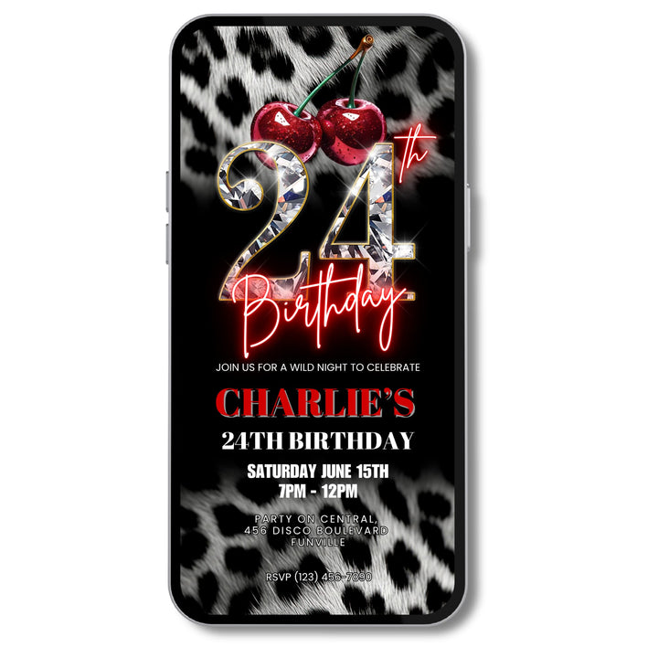 Cherry, Cheetah & Leopard Print 24th Birthday Invitation | Editable Canva Template