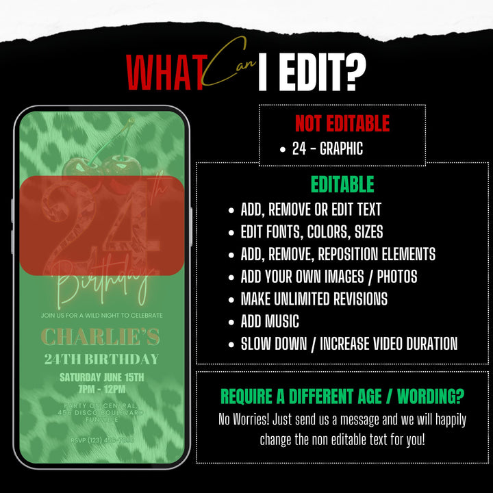 Cherry, Cheetah & Leopard Print 24th Birthday Invitation | Editable Canva Template