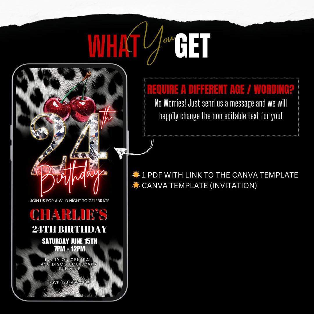 Cherry, Cheetah & Leopard Print 24th Birthday Invitation | Editable Canva Template