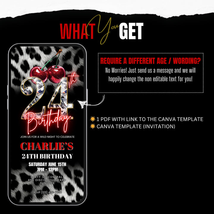 Cherry, Cheetah & Leopard Print 24th Birthday Invitation | Editable Canva Template