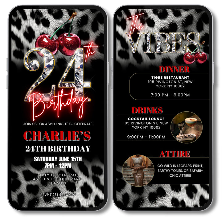 Cherry, Cheetah & Leopard Print 24th Birthday Invitation with Vibes Itinerary | Editable Canva Template