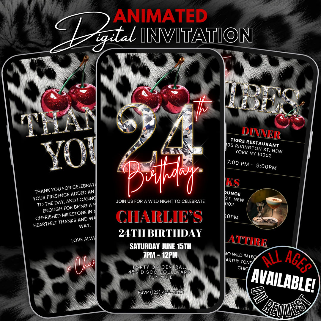 Cherry, Cheetah & Leopard Print 24th Birthday Invitation Bundle | Digital 24th Invite with Vibes and Thank You Card Canva Template