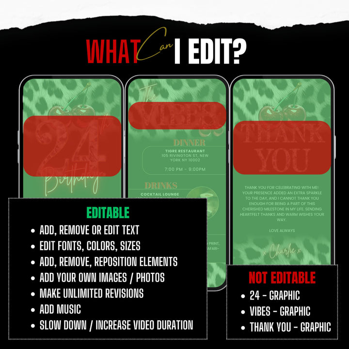 Cherry, Cheetah & Leopard Print 24th Birthday Invitation Bundle | Digital 24th Invite with Vibes and Thank You Card Canva Template