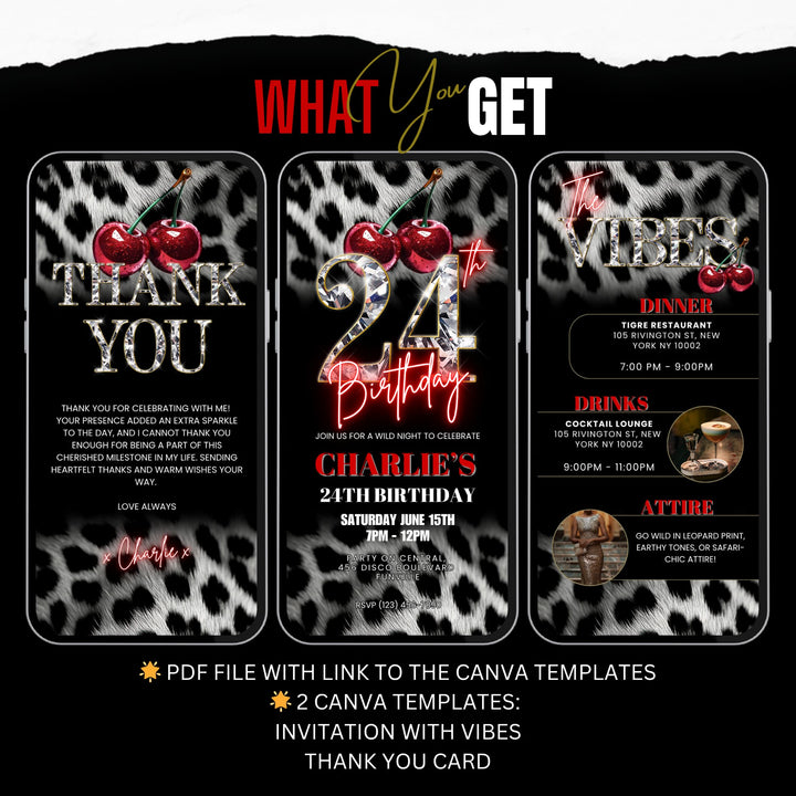 Cherry, Cheetah & Leopard Print 24th Birthday Invitation Bundle | Digital 24th Invite with Vibes and Thank You Card Canva Template