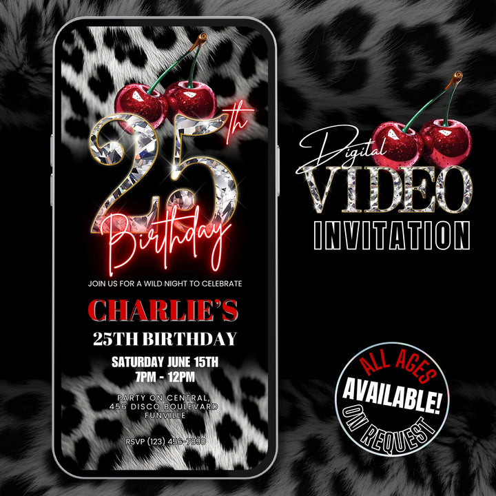 Cherry, Cheetah & Leopard Print 25th Birthday Invitation | Editable Canva Template