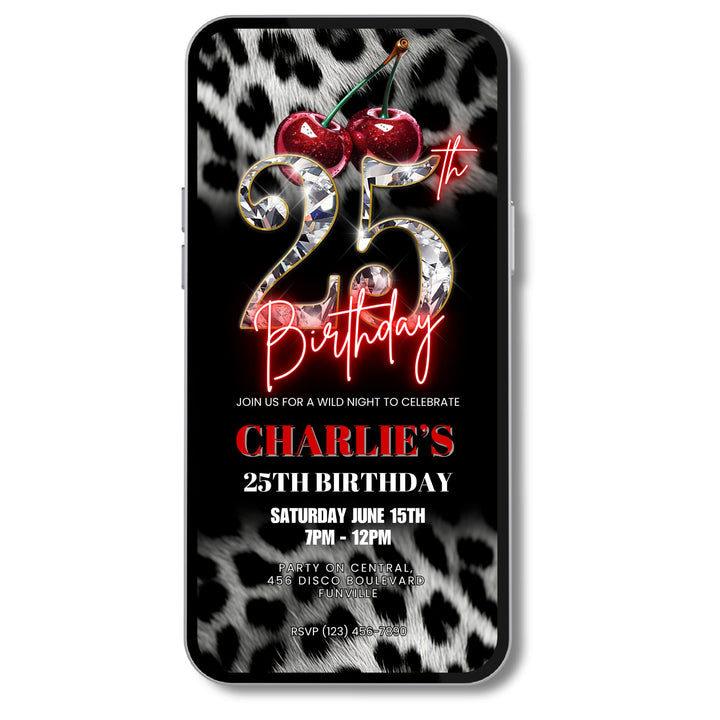 Cherry, Cheetah & Leopard Print 25th Birthday Invitation | Editable Canva Template