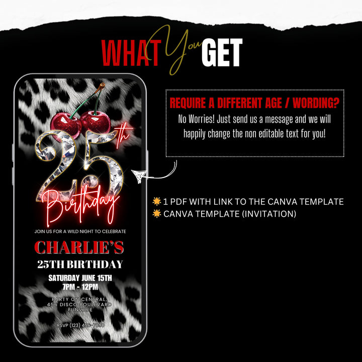 Cherry, Cheetah & Leopard Print 25th Birthday Invitation | Editable Canva Template