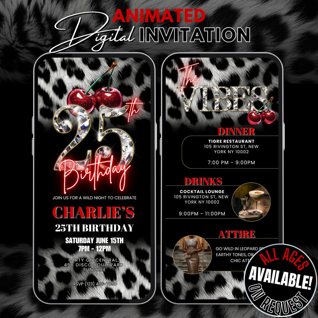 Cherry, Cheetah & Leopard Print 25th Birthday Invitation with Vibes Itinerary | Editable Canva Template