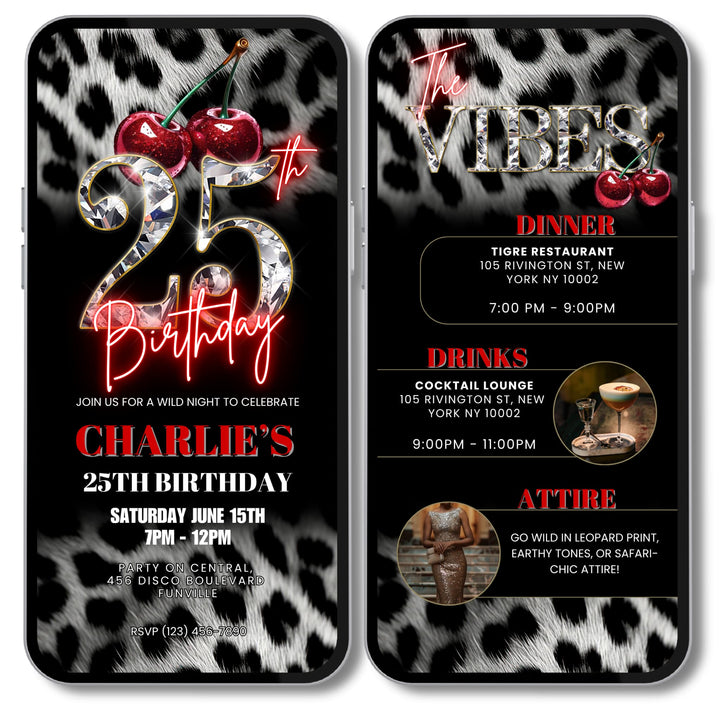 Cherry, Cheetah & Leopard Print 25th Birthday Invitation with Vibes Itinerary | Editable Canva Template