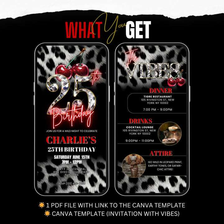 Cherry, Cheetah & Leopard Print 25th Birthday Invitation with Vibes Itinerary | Editable Canva Template