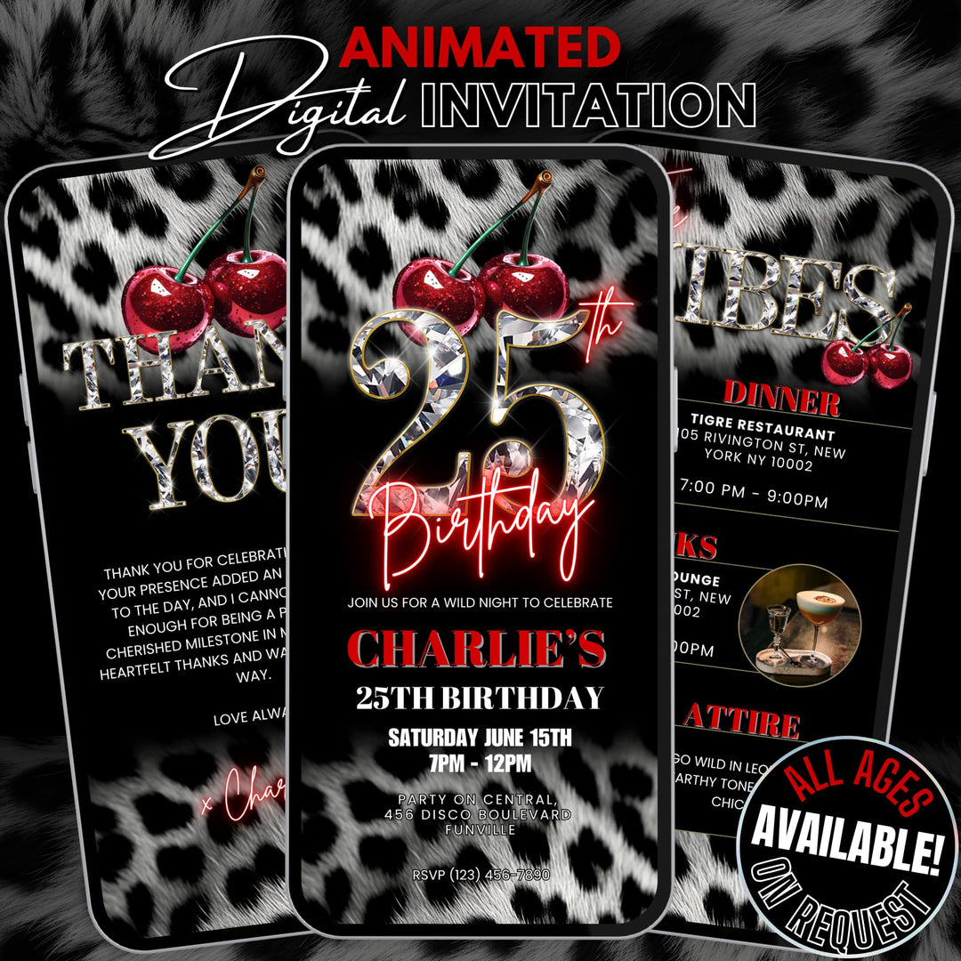Cherry, Cheetah & Leopard Print 25th Birthday Invitation Bundle | Digital 25th Invite with Vibes and Thank You Card Canva Template