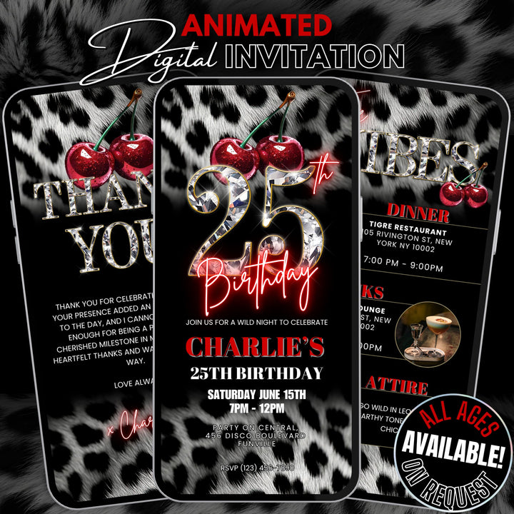Cherry, Cheetah & Leopard Print 25th Birthday Invitation Bundle | Digital 25th Invite with Vibes and Thank You Card Canva Template